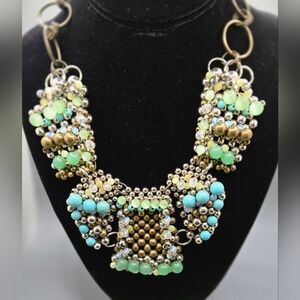 Anthropologie Statement Necklace Turquoise, Glass Crystal & Cat Eye, Jadeite